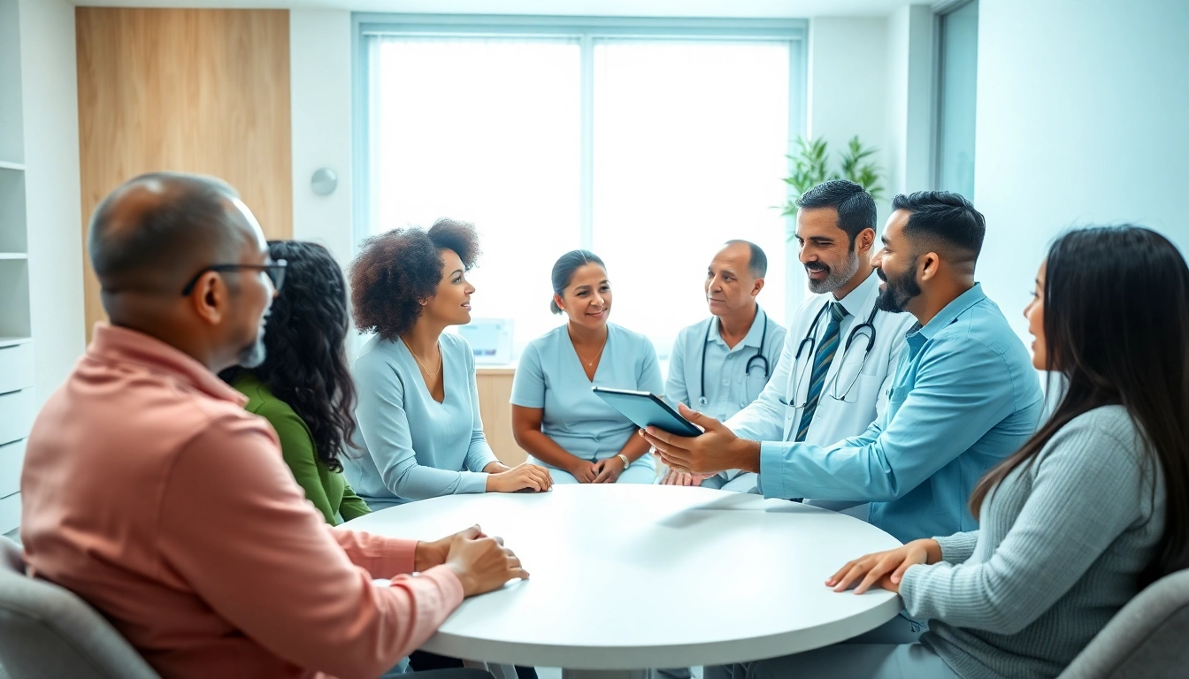 Health consultation scene with doctor engaging patients in a modern clinic setting.