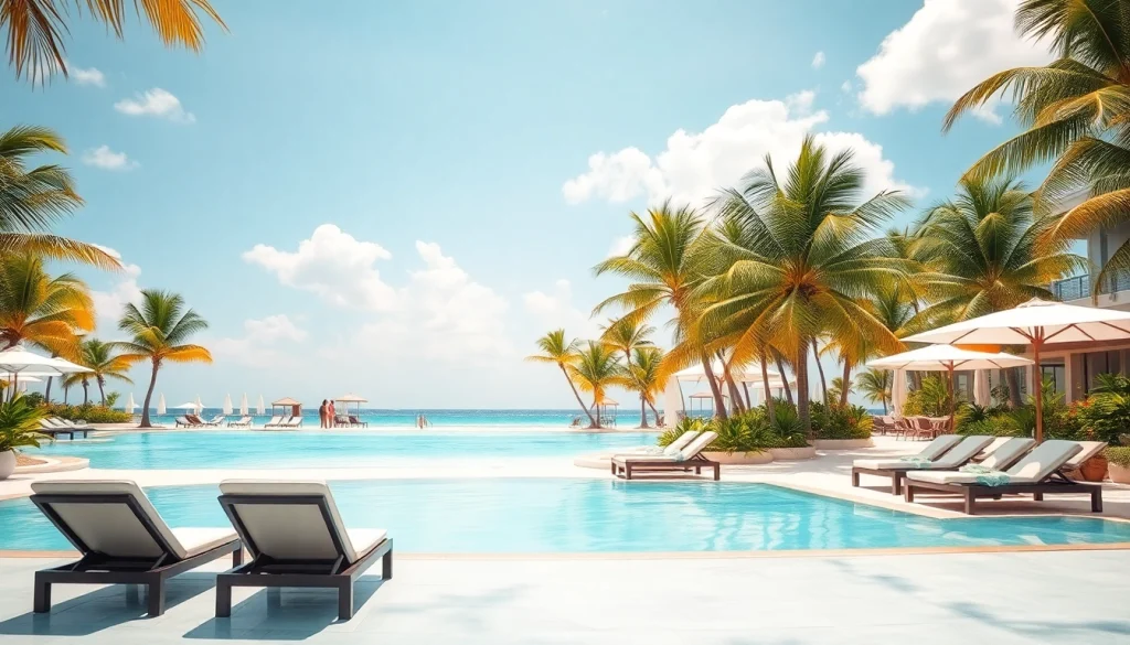 Relaxing beachside pool view at All-inclusive resorts Cabo, featuring turquoise waters and palm trees.
