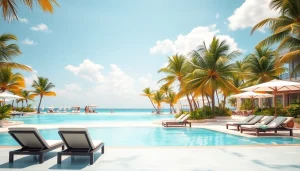 Relaxing beachside pool view at All-inclusive resorts Cabo, featuring turquoise waters and palm trees.