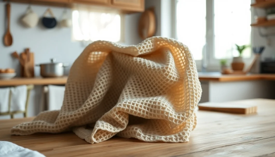 Een kaasdoek rustend op een houten tafel in een warme keuken, benadrukt de textuur en functionaliteit.