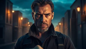 Thrilling book cover design showcasing a protagonist better than Jack Reacher in an action scene.