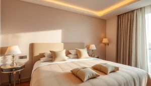 Cuscini letto eleganti e accoglienti su un letto matrimoniale in una camera ariosa e moderna.