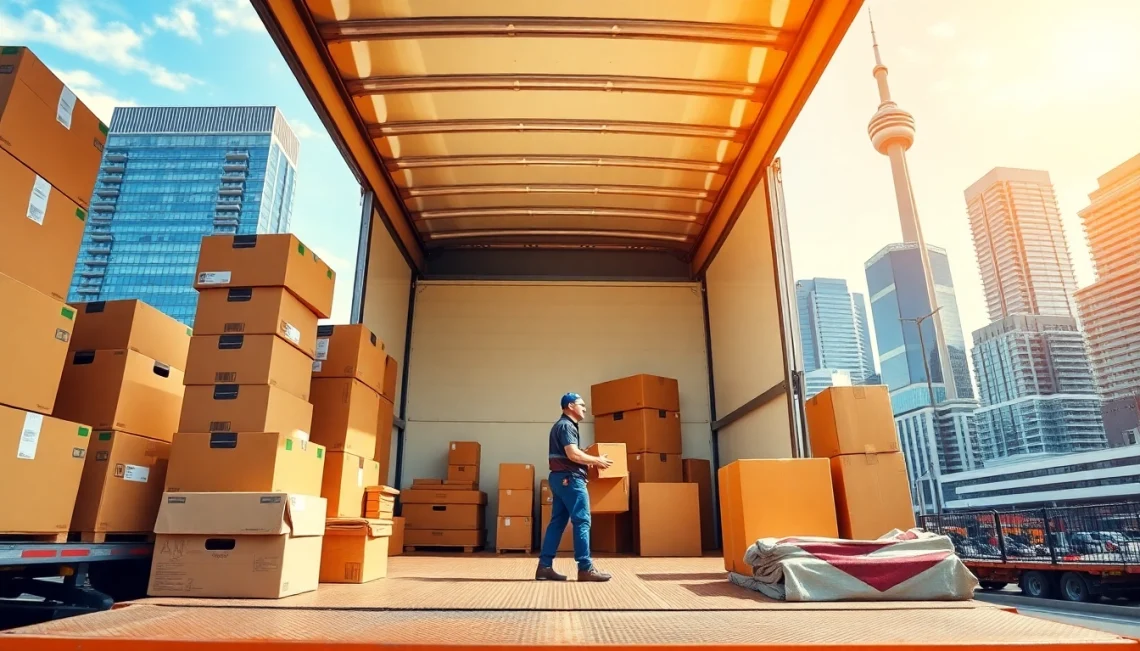 Best Toronto Movers efficiently transporting items in a brightly-lit area with Toronto skyline.