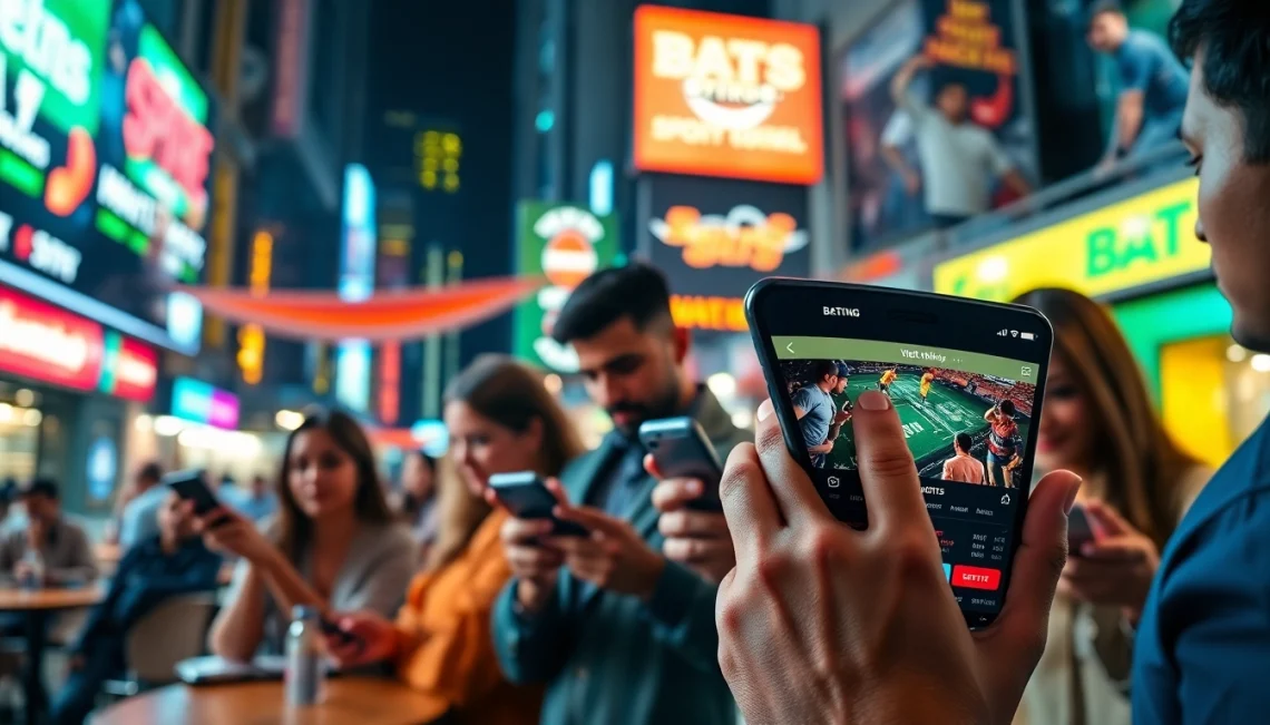 Explore online sportsbooks India featuring users actively engaging with mobile betting apps in an energetic city setting.