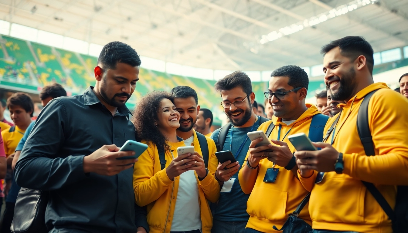 Engaging bettors discussing best sportsbooks Brazil against a vibrant stadium backdrop.
