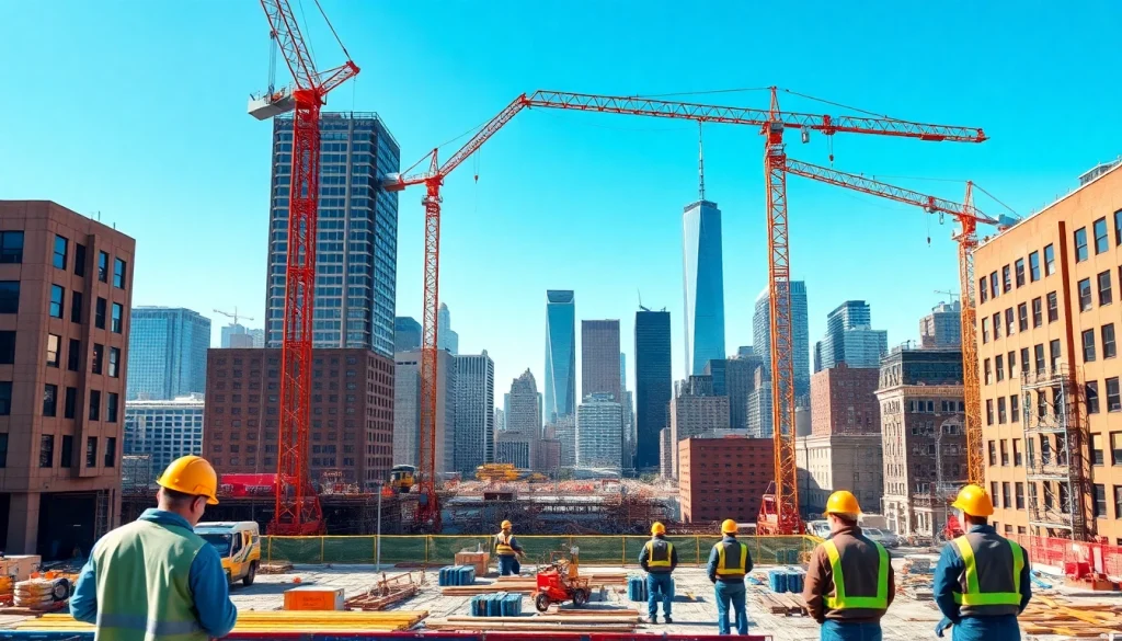 Visualize a dynamic scene of a New York City Commercial General Contractor at work, showcasing an active construction site.