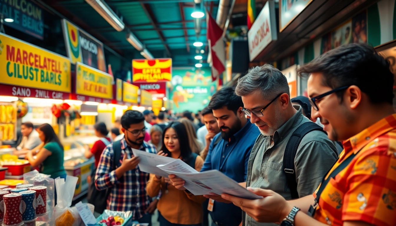 Engaged bettors discussing strategies in a lively market for sports betting Mexico.