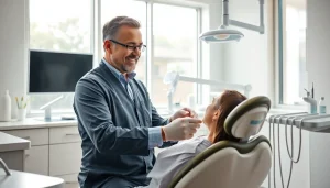 Experienced dentist examining a patient in a modern clinic setting