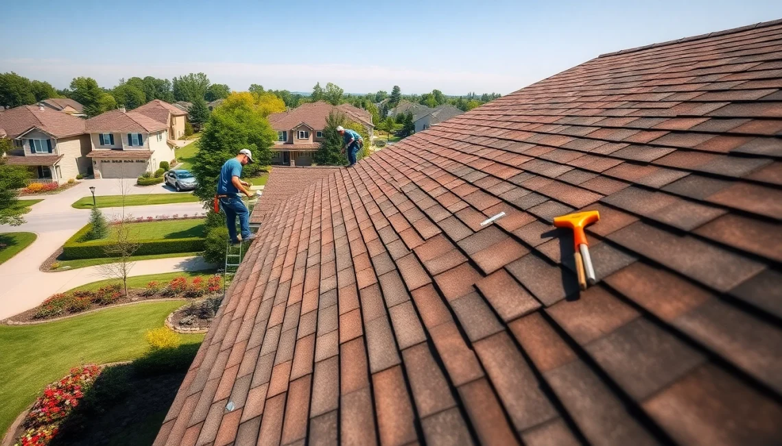 Professional roofing services team efficiently installing shingles on a house's roof.