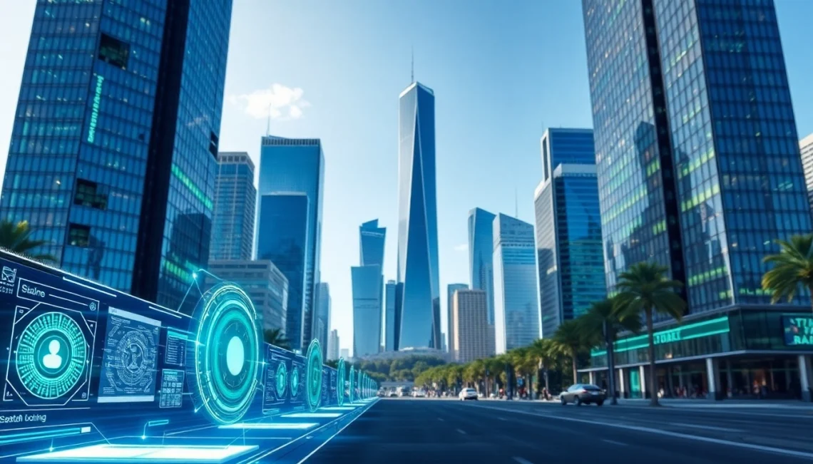 Showcasing technology in a futuristic city with digital displays and sustainable architecture.