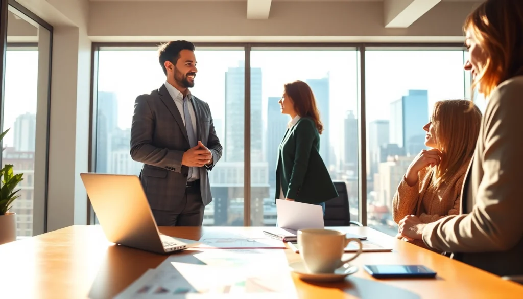 Real Estate agent assisting clients with property options in a modern office.