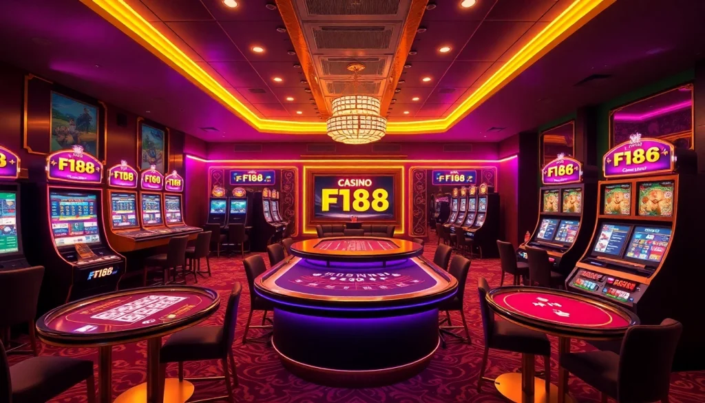 Experience the excitement of F168 Casino with vibrant gaming elements and a luxurious atmosphere.
