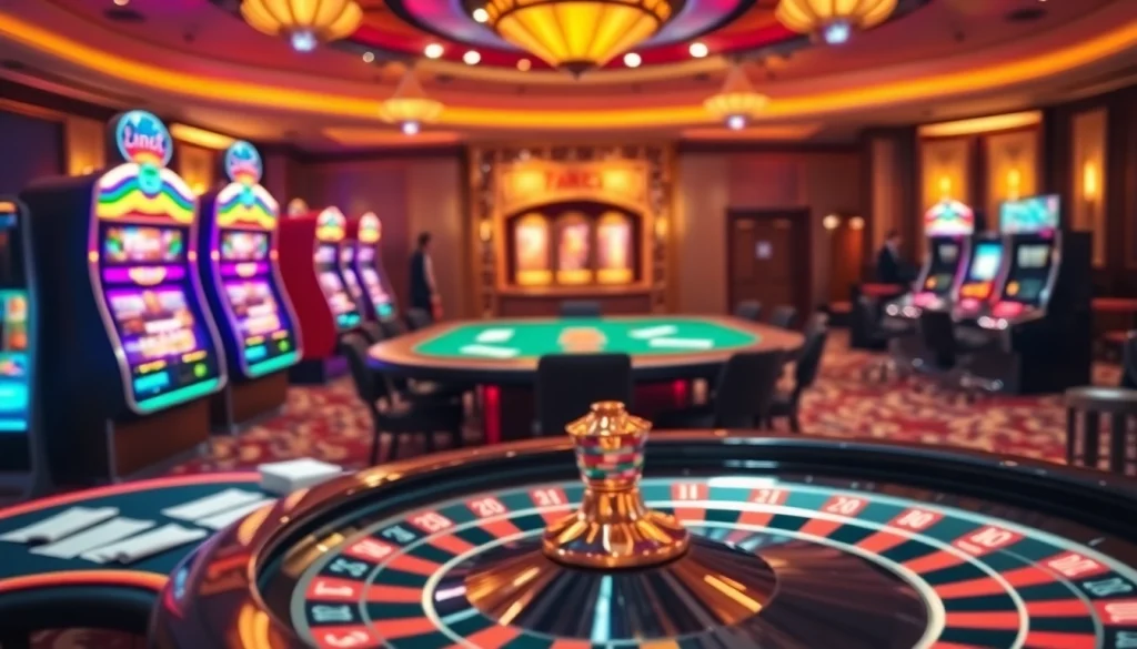 Players engaging in high-stakes gaming at F8bet casino surrounded by vibrant slot machines.
