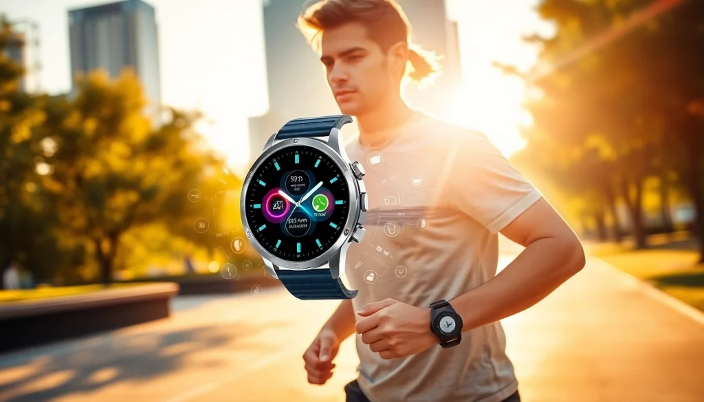LC88 smart watch displayed on a young professional's wrist while jogging in an urban park, showcasing its advanced features.
