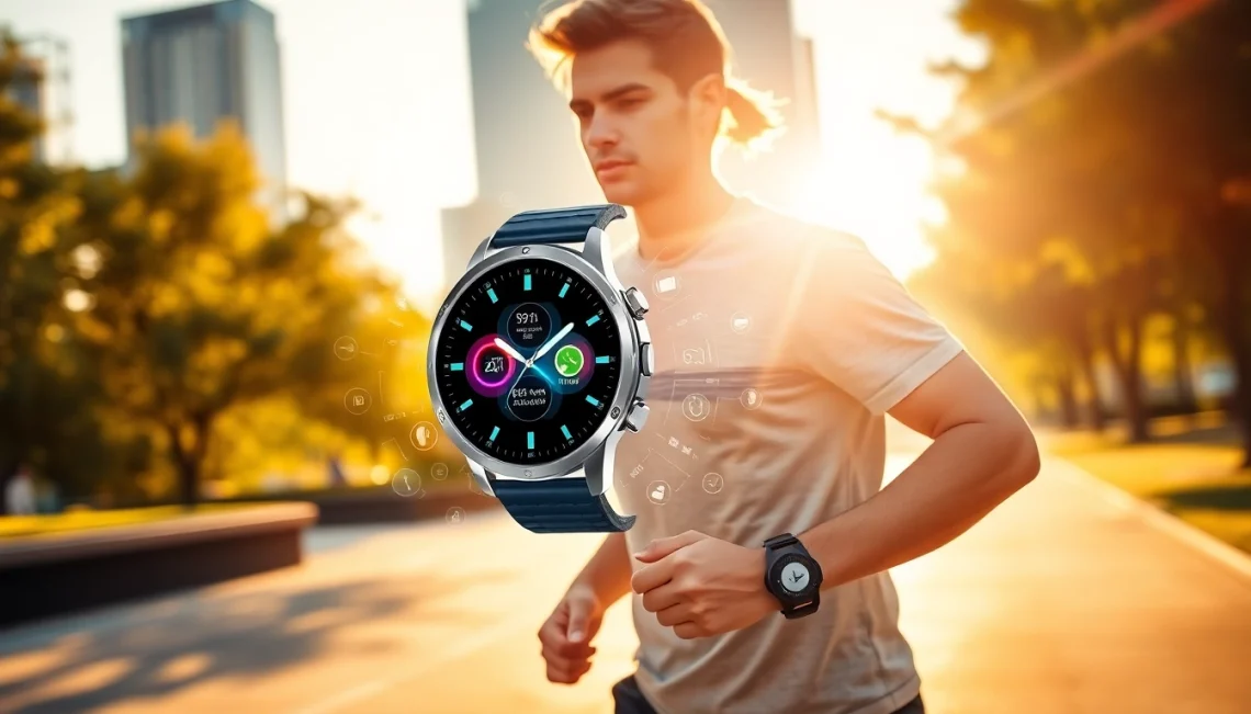 LC88 smart watch displayed on a young professional's wrist while jogging in an urban park, showcasing its advanced features.