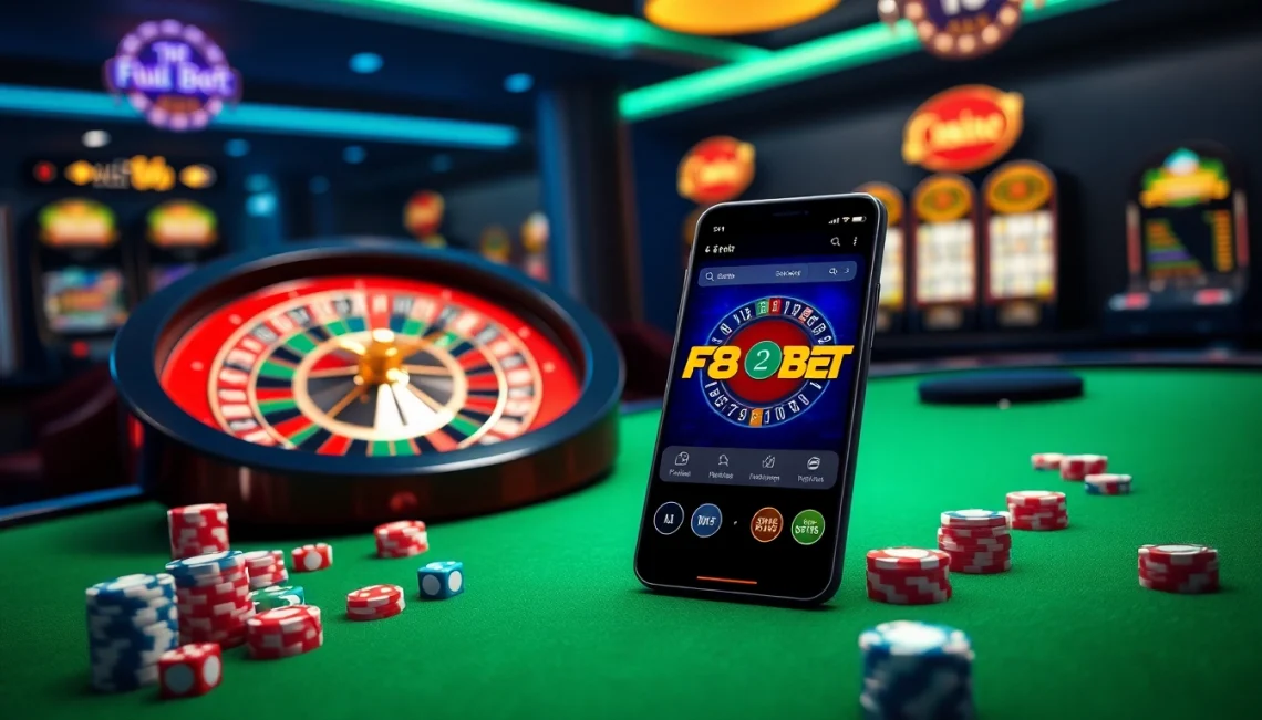 A thrilling gambling scene at https://f8bet.dental/ showcasing luxury casino elements with a vibrant roulette wheel and online betting interface.