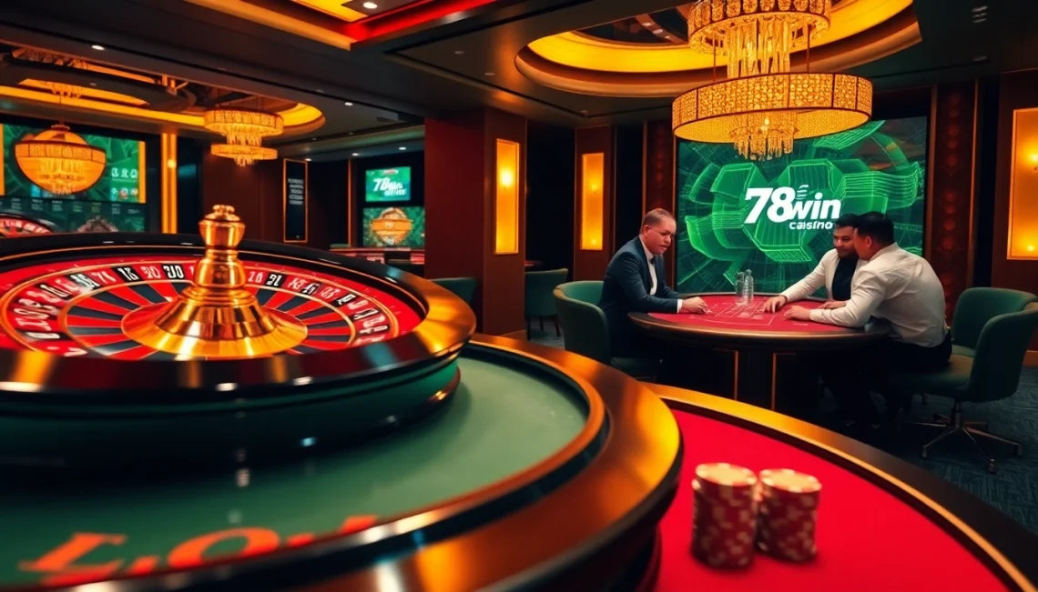 Experience the excitement of gaming at 78win's vibrant online casino, featuring a roulette wheel and professional poker players.