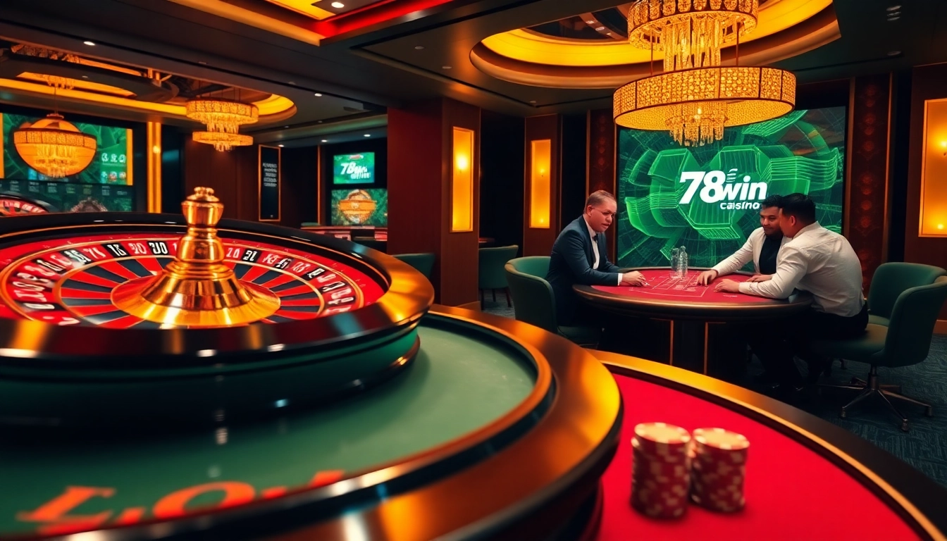 Experience the excitement of gaming at 78win's vibrant online casino, featuring a roulette wheel and professional poker players.