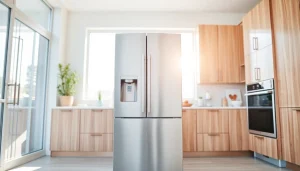 A modern refrigerator in a stylish kitchen setting with bright natural lighting highlighting its design.