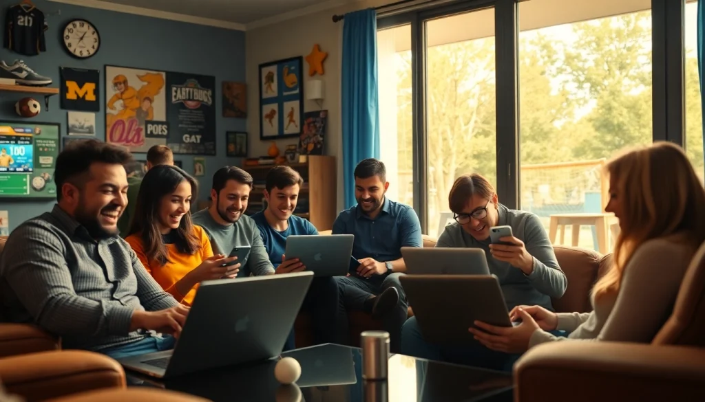 Dynamic scene of online sports betting Georgia enthusiasts collaborating in a cozy space.
