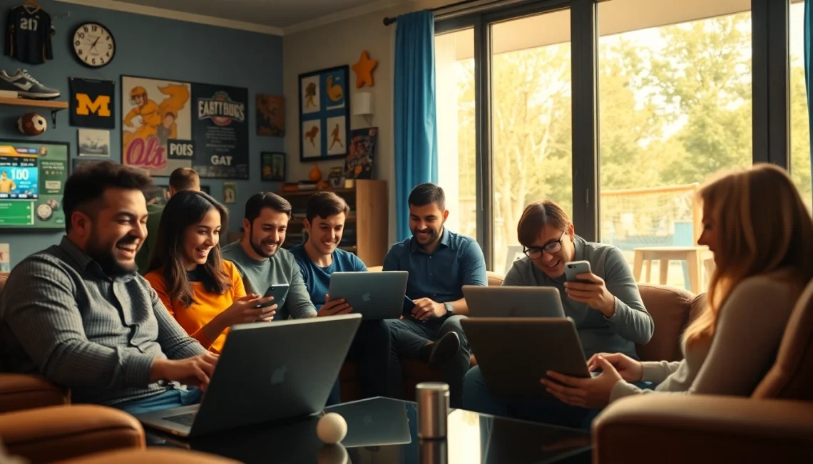 Dynamic scene of online sports betting Georgia enthusiasts collaborating in a cozy space.