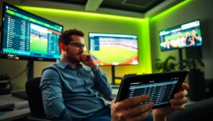 Engaging scene of online sports betting Alabama with bettors analyzing game stats and odds on digital screens.