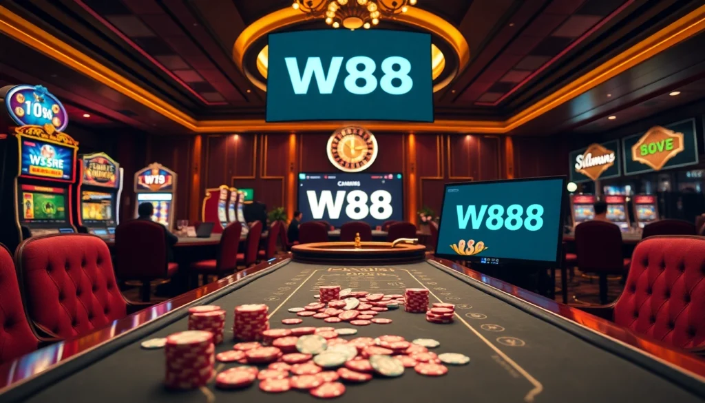 A vibrant casino scene with W88 link displayed, showcasing players enjoying high-stakes games.