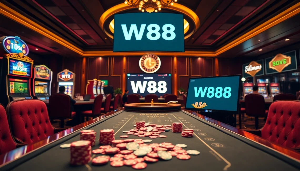 A vibrant casino scene with W88 link displayed, showcasing players enjoying high-stakes games.