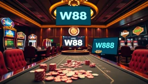 A vibrant casino scene with W88 link displayed, showcasing players enjoying high-stakes games.