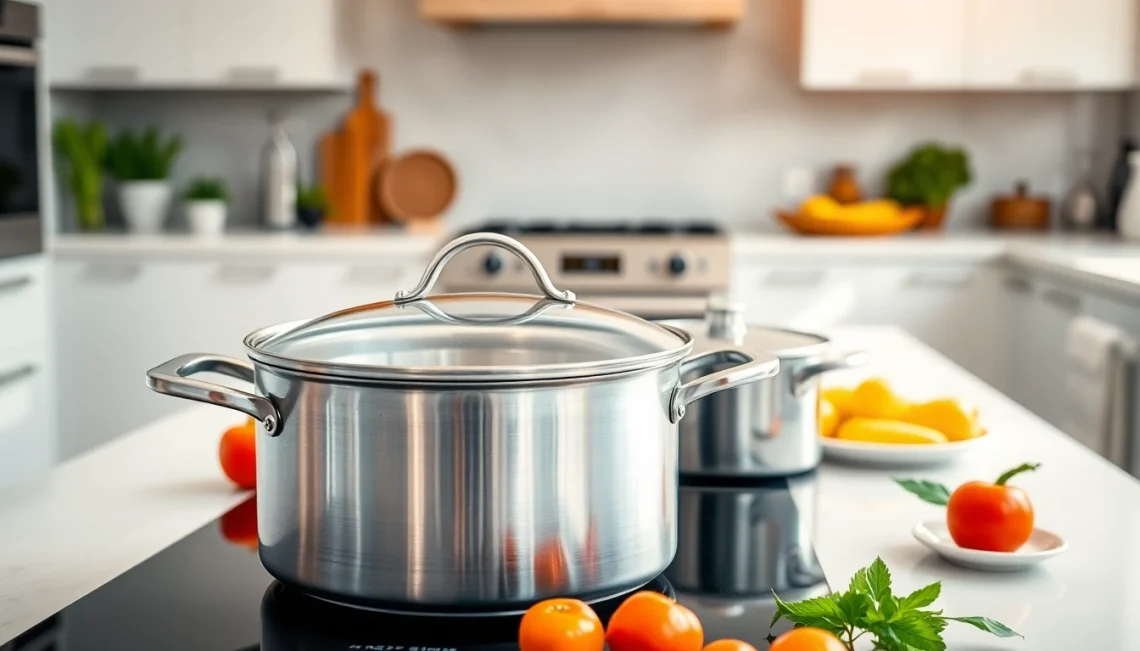 Explore the best cookware for induction NZ with a stainless steel pot amidst fresh vegetables.