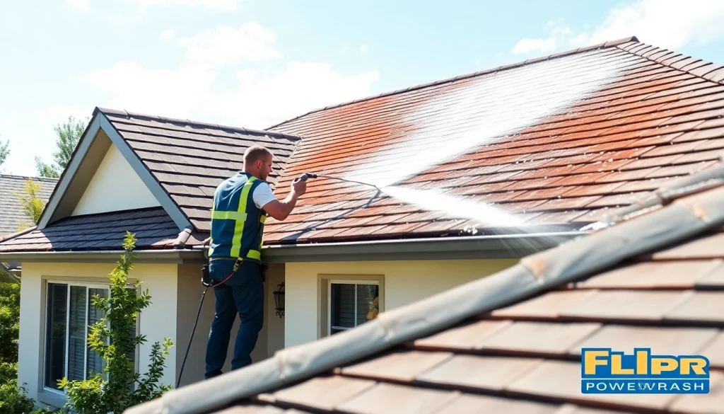 Roof cleaning service in Kissimmee, showcasing a technician using soft wash technology to enhance curb appeal.