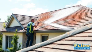 Roof cleaning service in Kissimmee, showcasing a technician using soft wash technology to enhance curb appeal.
