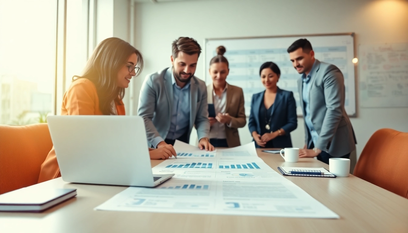 Team engaged in proposal writing and management, showcasing collaboration in a bright office setting.