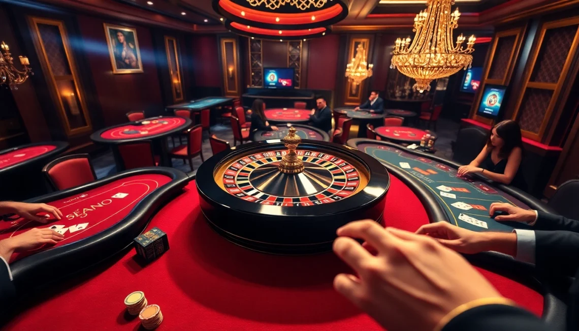 Experience thrilling gameplay at PH22255.COM with a luxurious casino scene featuring a roulette wheel.