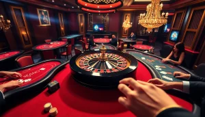Experience thrilling gameplay at PH22255.COM with a luxurious casino scene featuring a roulette wheel.