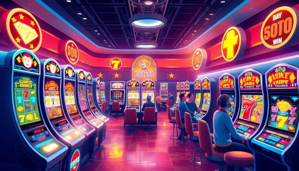 Kode4d slot gaming interface with vibrant slot machines and dynamic animations, inviting users to play.