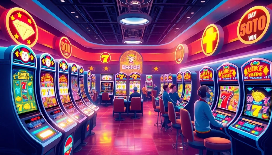 Kode4d slot gaming interface with vibrant slot machines and dynamic animations, inviting users to play.
