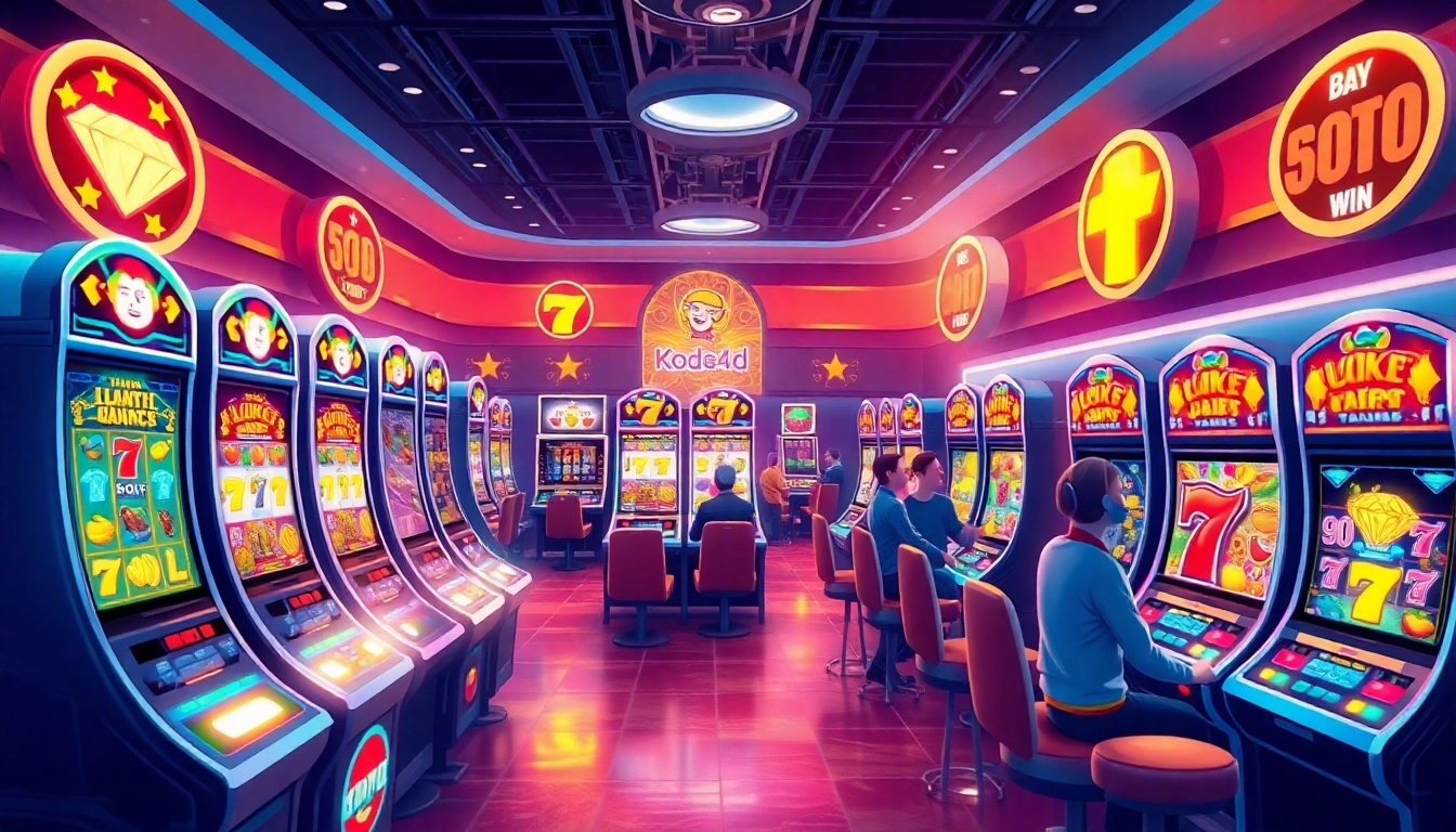 Kode4d slot gaming interface with vibrant slot machines and dynamic animations, inviting users to play.