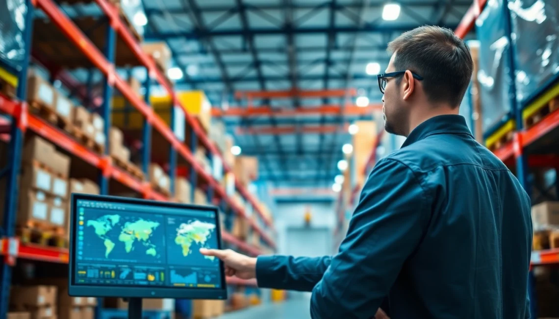 Logistics professional managing advanced inventory systems in a vibrant warehouse environment.