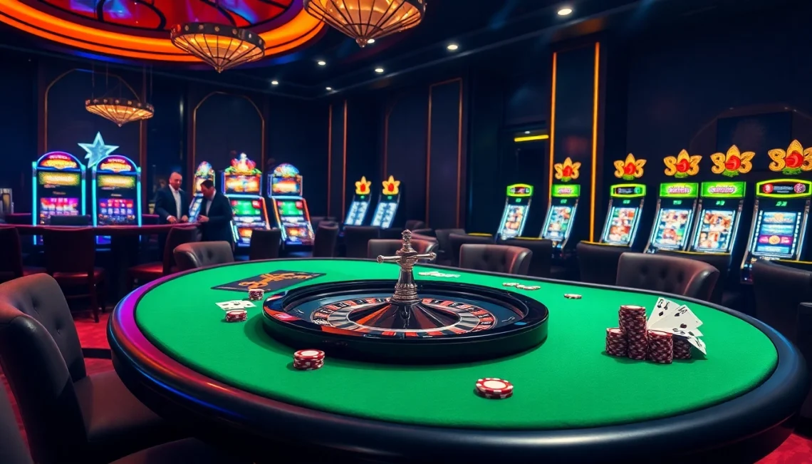 Experience the thrilling atmosphere of 6RWIN33 COM with poker chips and roulette wheel excitement.