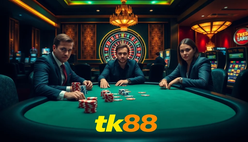 Experience an exciting poker game at tk88's luxurious casino environment with vibrant chips and roulette.