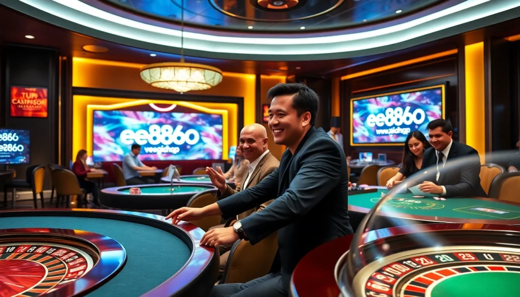 Players enjoying a thrilling game at https://ee8868.shop/ in a luxurious casino setting.