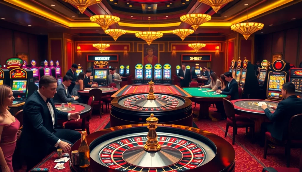Experience thrilling gameplay at SHBET's luxurious casino with poker tables and roulette wheels.