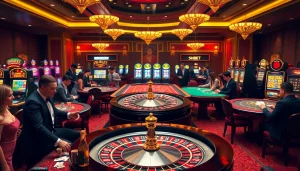 Experience thrilling gameplay at SHBET's luxurious casino with poker tables and roulette wheels.