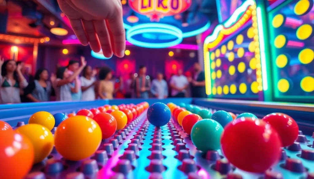 Permainan demo plinko yang mendebarkan dengan bola berwarna-warni jatuh di antara pasak.