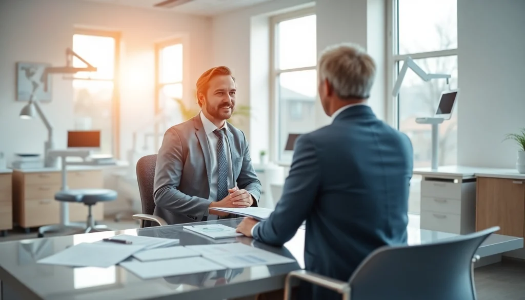 Dental business consultant discussing strategies with a dental practice owner in a modern clinic setting.