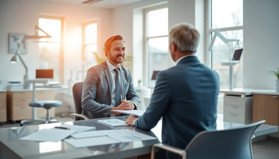 Dental business consultant discussing strategies with a dental practice owner in a modern clinic setting.