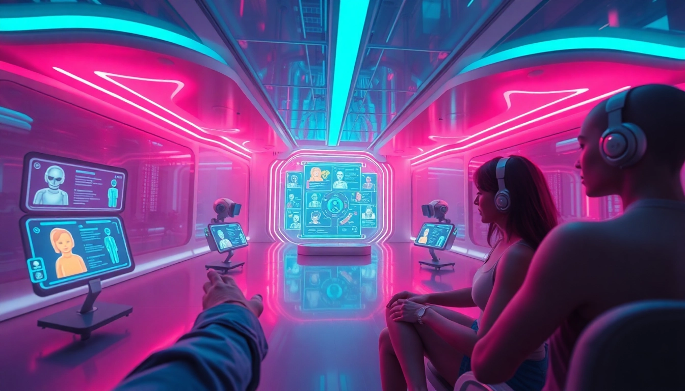 AI sex bots and interactive digital landscape showcasing futuristic technology and immersive experiences.
