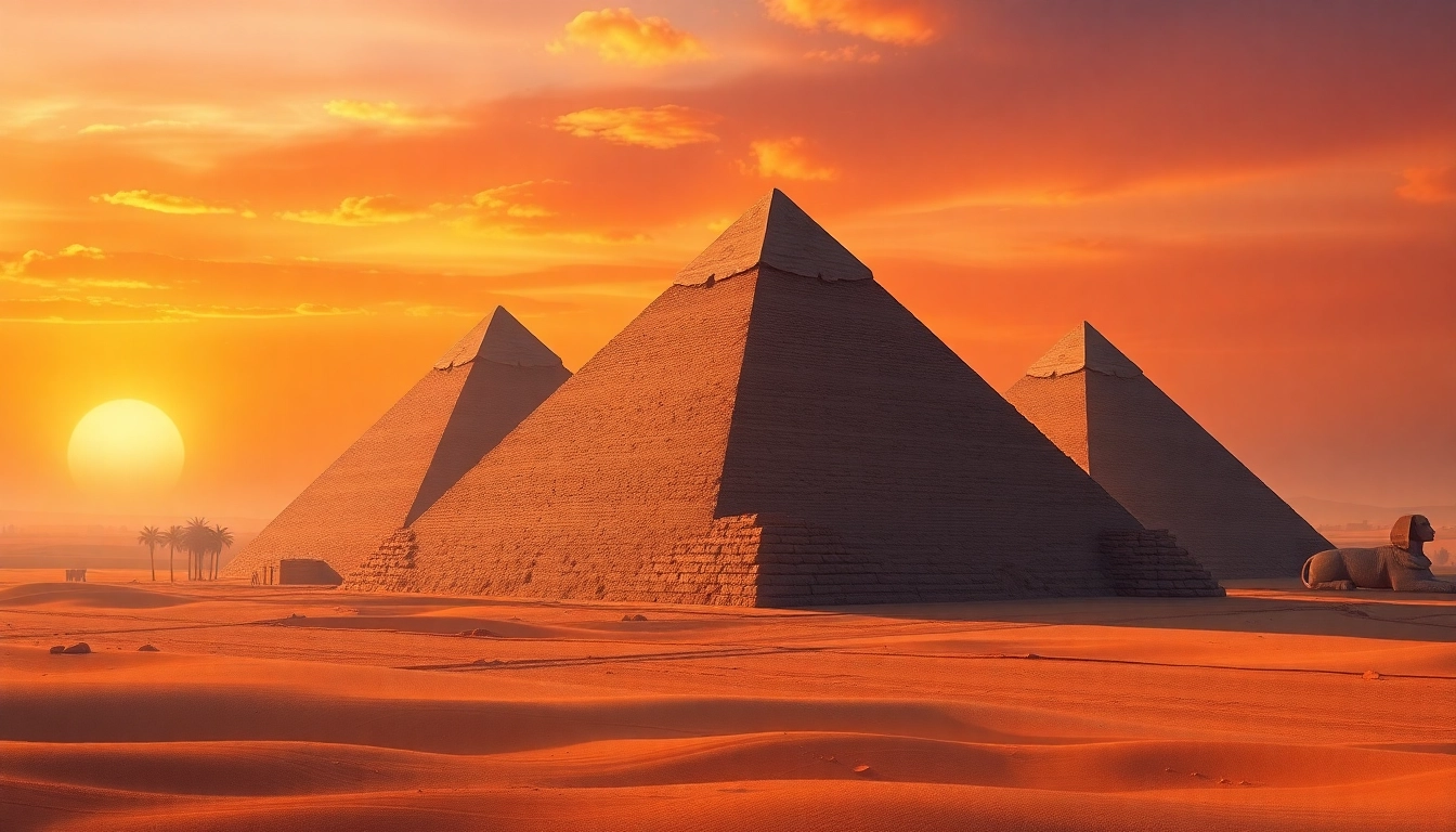View of the majestic pyramids prominently displayed at sunset, symbolizing the ancient piraminds of Egypt.