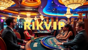 RIKVIP players enjoying high-stakes poker surrounded by luxury at an upscale casino.